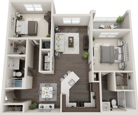 A 3D floor plan of a small apartment with a kitchen, living room, and bedroom.